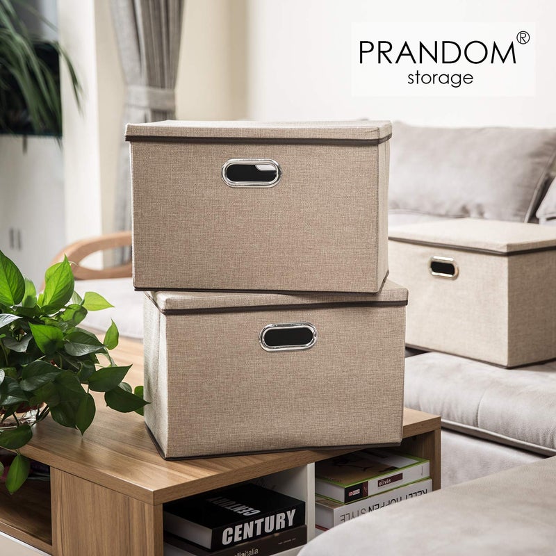 PRANDOM Large Collapsible Storage Bins with Lids [1-Pack] Jute Fabric Foldable Storage Boxes Organizer Containers Baskets Cube with Cover for Home Bedroom Closet Office Nursery (17.7x11.8x11.8) - Image 2